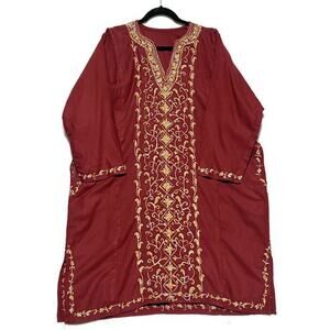 Embroidered Traditional Kurta Shift Tunic Women's Size XL V-Neck Red Long Sleeve